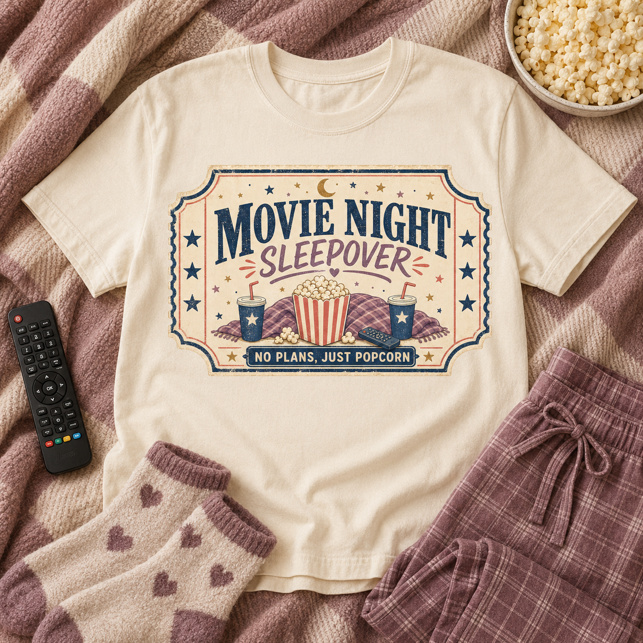 Movie Night Sleepover Graphic T-Shirt No Plans, Just Popcorn Tee | Cozy Pajama Party Shirt | Retro Movie Lover Gift