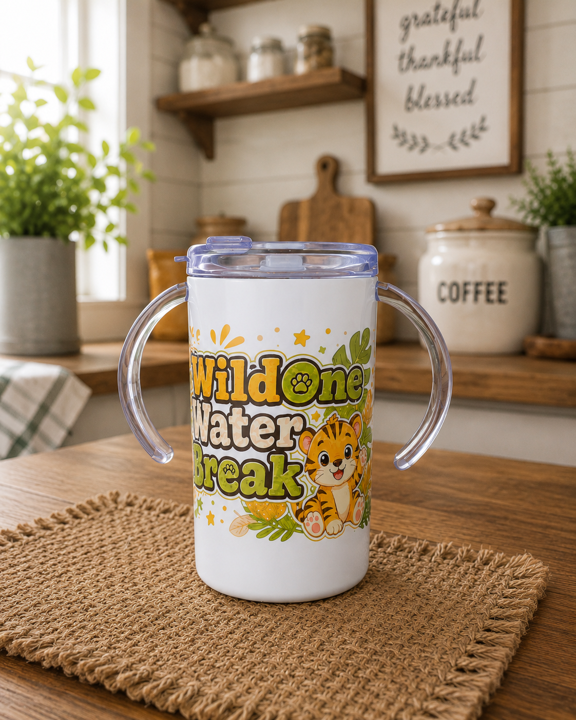 Wild One Water Break Kids Stainless Steel Tumbler with Handles | 12oz Toddler Cup | Spill-Resistant Sippy Cup | Tiger Kids Cup