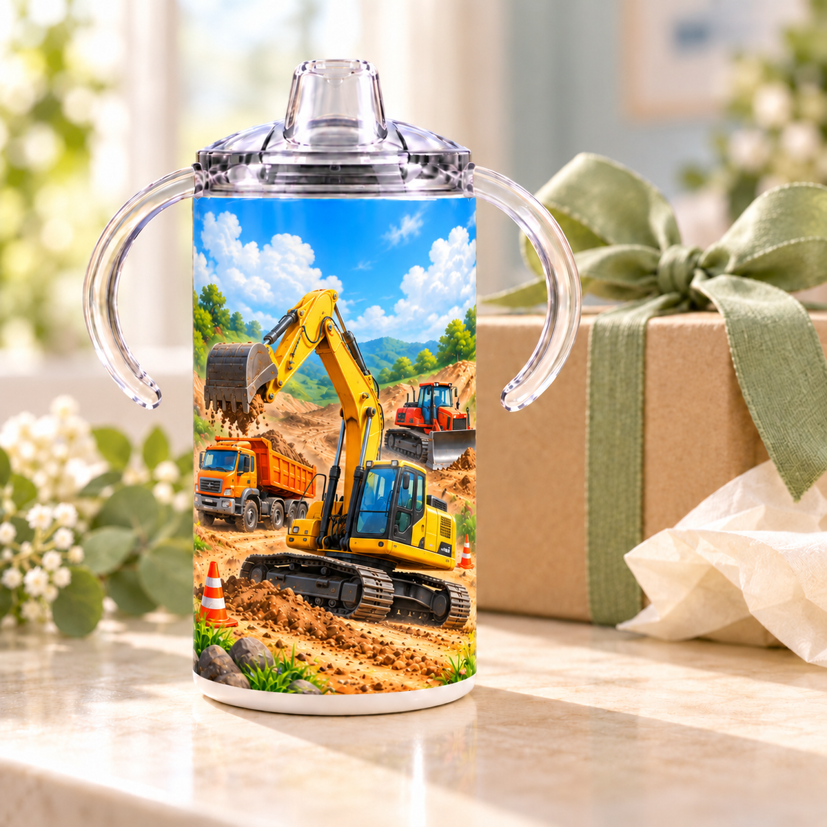 Construction Crew sippy cup styled beside a kraft gift box with a sage ribbon