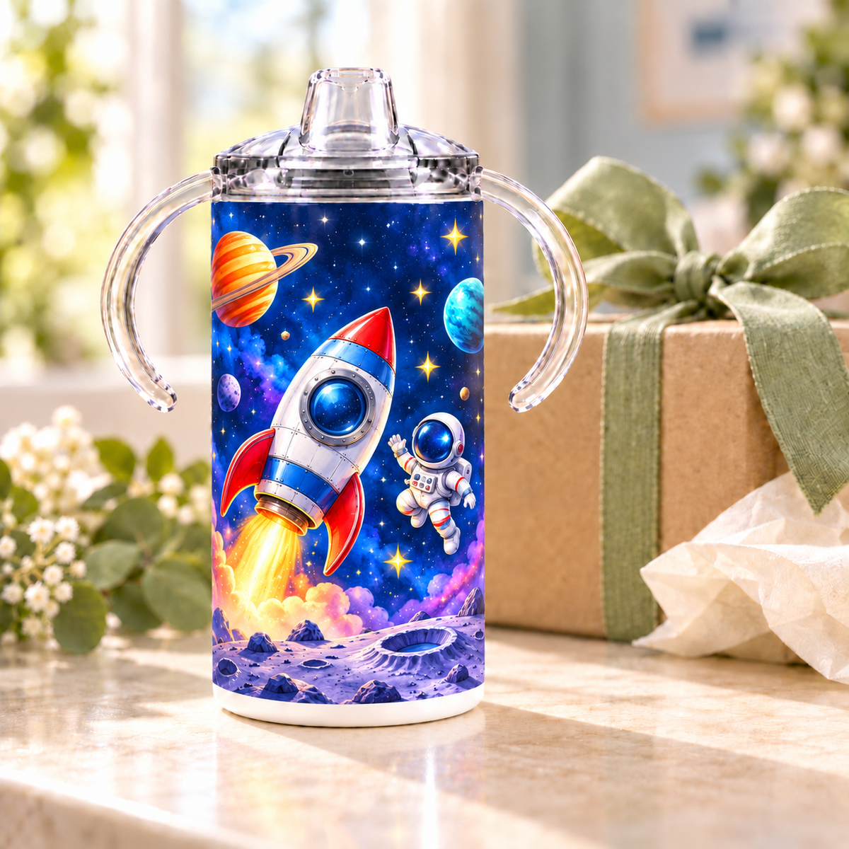 Space Explorer sippy cup styled beside a kraft gift box with a sage ribbon; gift props shown for styling