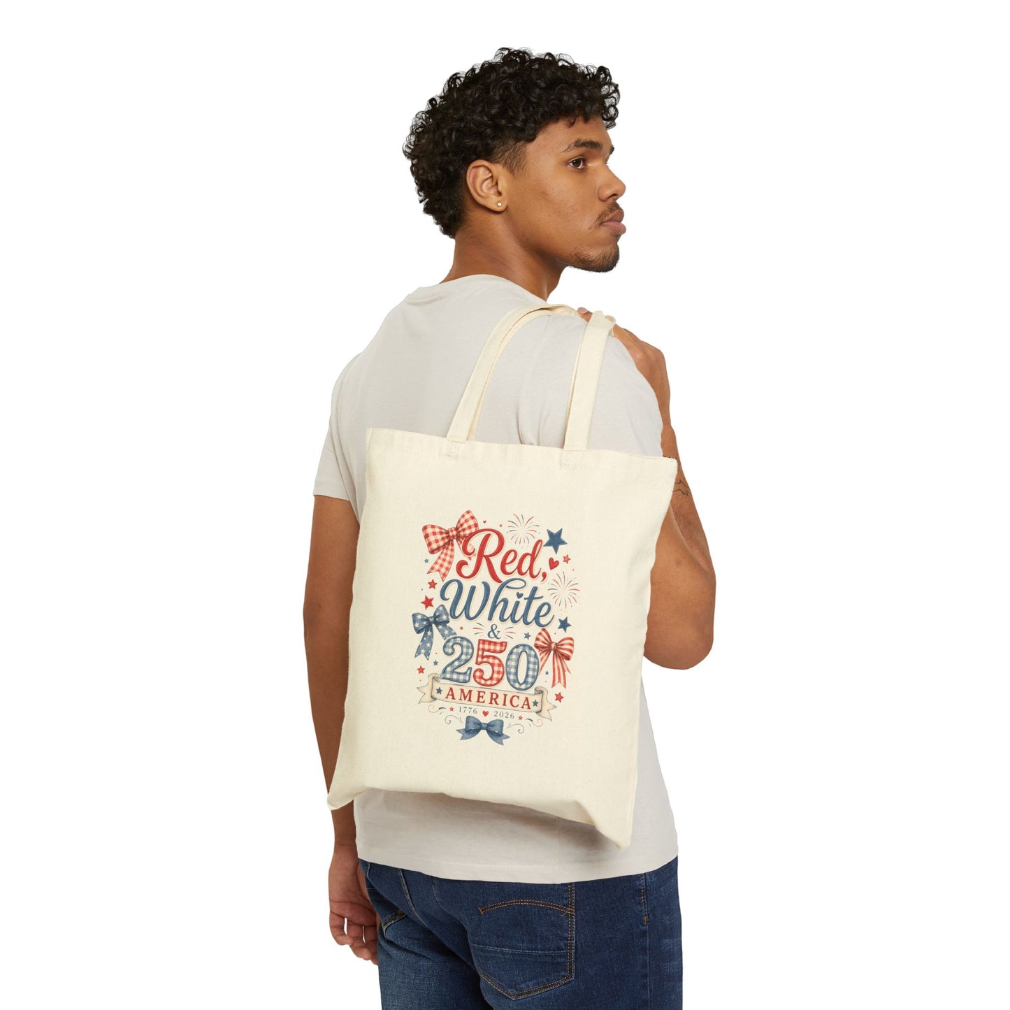 Patriotic 'Red White & 250' Canvas Tote Bag – 4th of July USA Market Tote