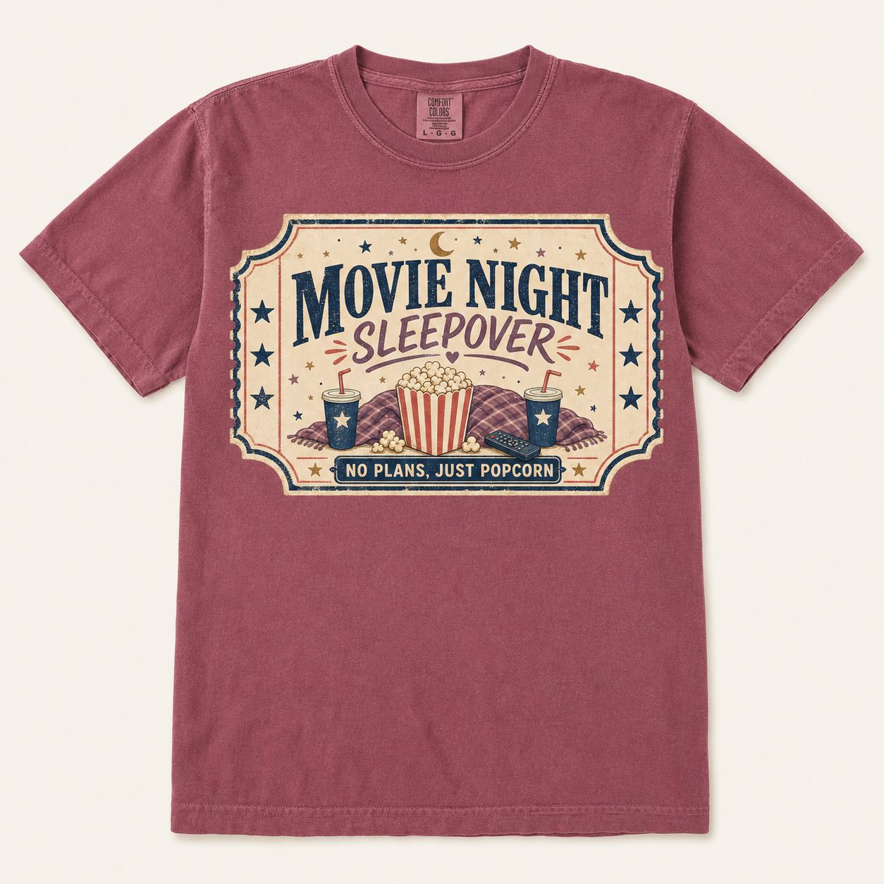 Movie Night Sleepover Graphic T-Shirt No Plans, Just Popcorn Tee | Cozy Pajama Party Shirt | Retro Movie Lover Gift