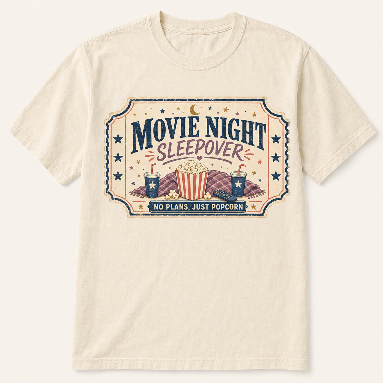 Movie Night Sleepover Graphic T-Shirt No Plans, Just Popcorn Tee | Cozy Pajama Party Shirt | Retro Movie Lover Gift