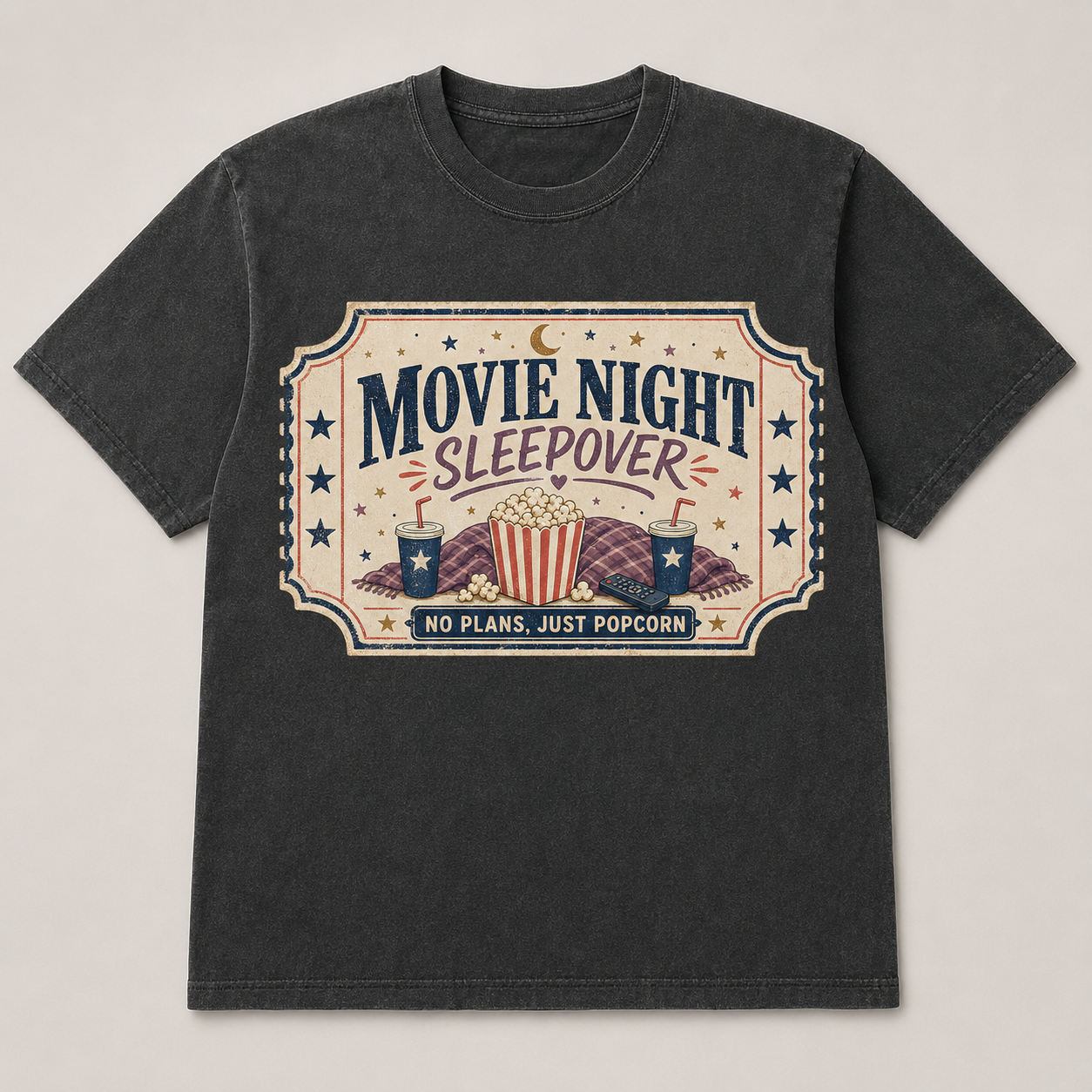 Movie Night Sleepover Graphic T-Shirt No Plans, Just Popcorn Tee | Cozy Pajama Party Shirt | Retro Movie Lover Gift