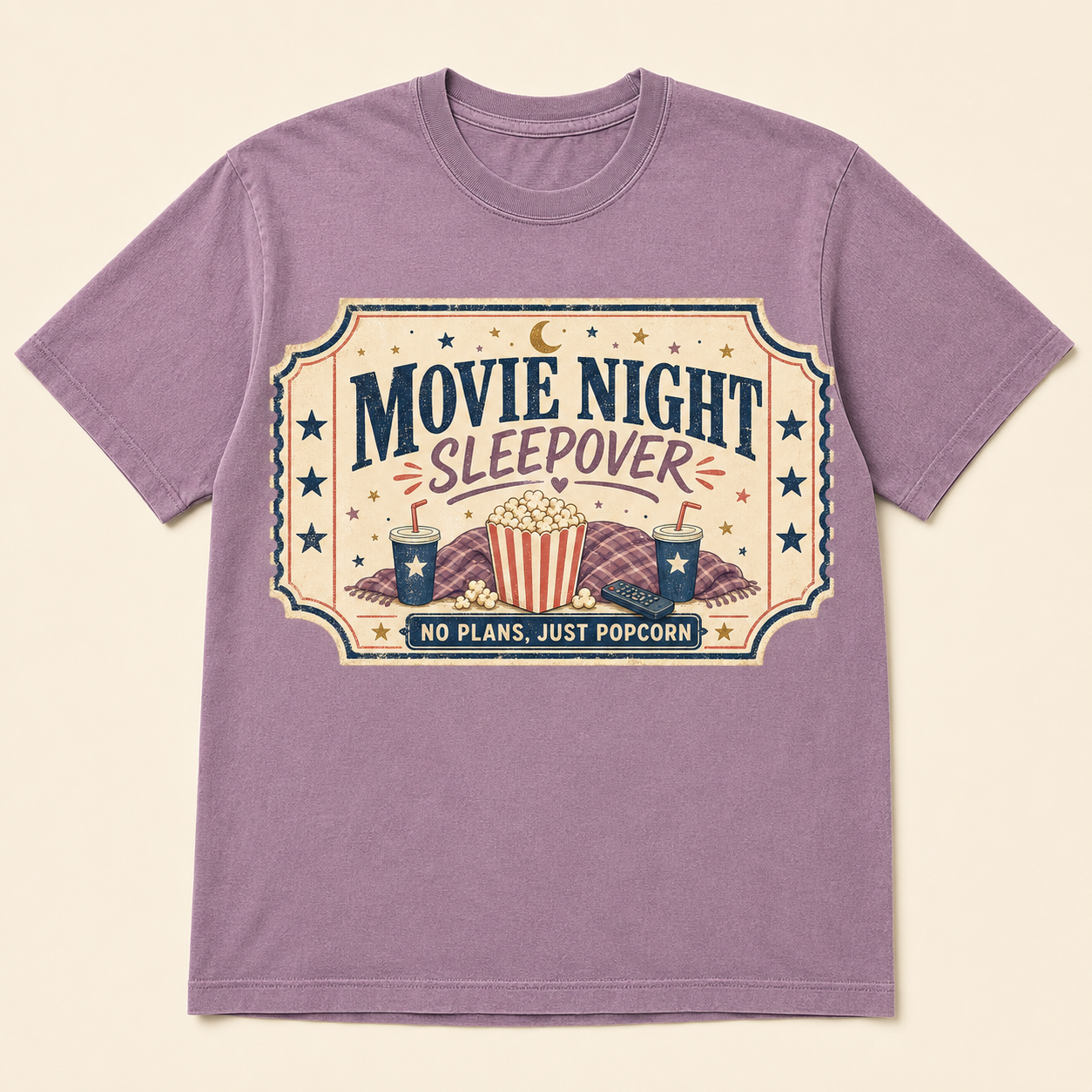 Movie Night Sleepover Graphic T-Shirt No Plans, Just Popcorn Tee | Cozy Pajama Party Shirt | Retro Movie Lover Gift