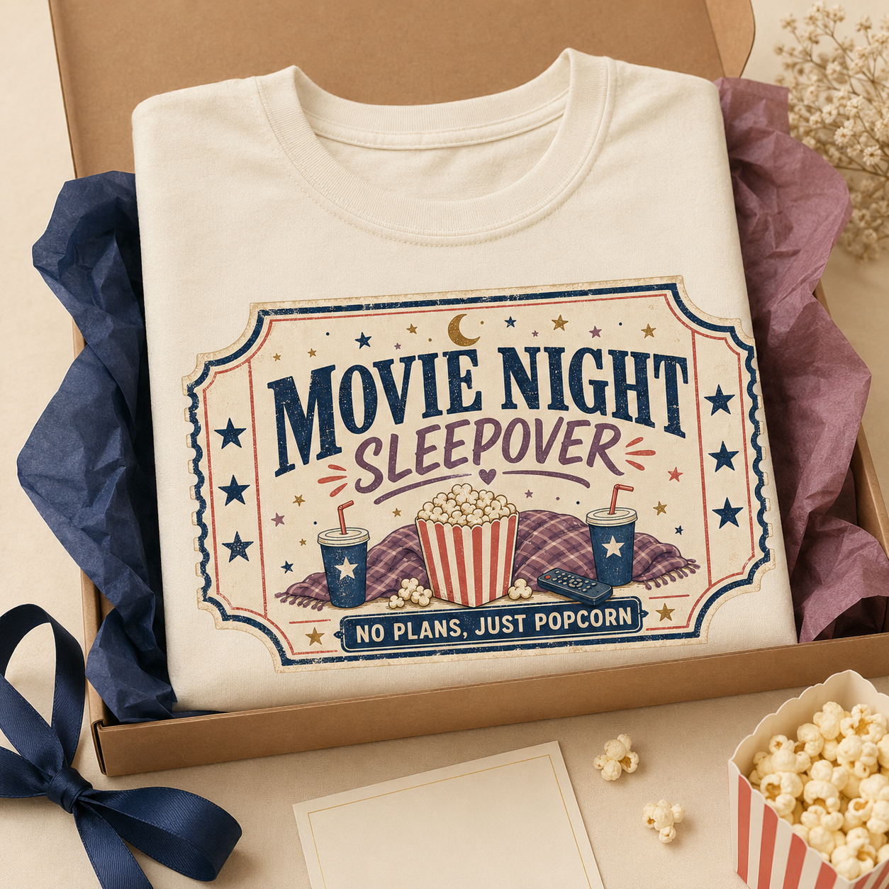 Movie Night Sleepover Graphic T-Shirt No Plans, Just Popcorn Tee | Cozy Pajama Party Shirt | Retro Movie Lover Gift