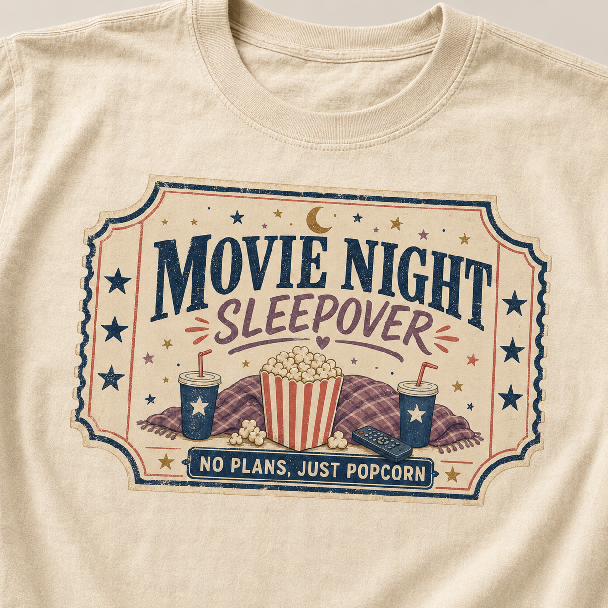 Movie Night Sleepover Graphic T-Shirt No Plans, Just Popcorn Tee | Cozy Pajama Party Shirt | Retro Movie Lover Gift