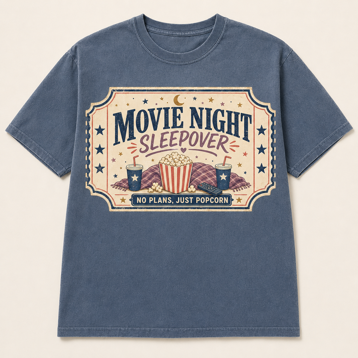 Movie Night Sleepover Graphic T-Shirt No Plans, Just Popcorn Tee | Cozy Pajama Party Shirt | Retro Movie Lover Gift