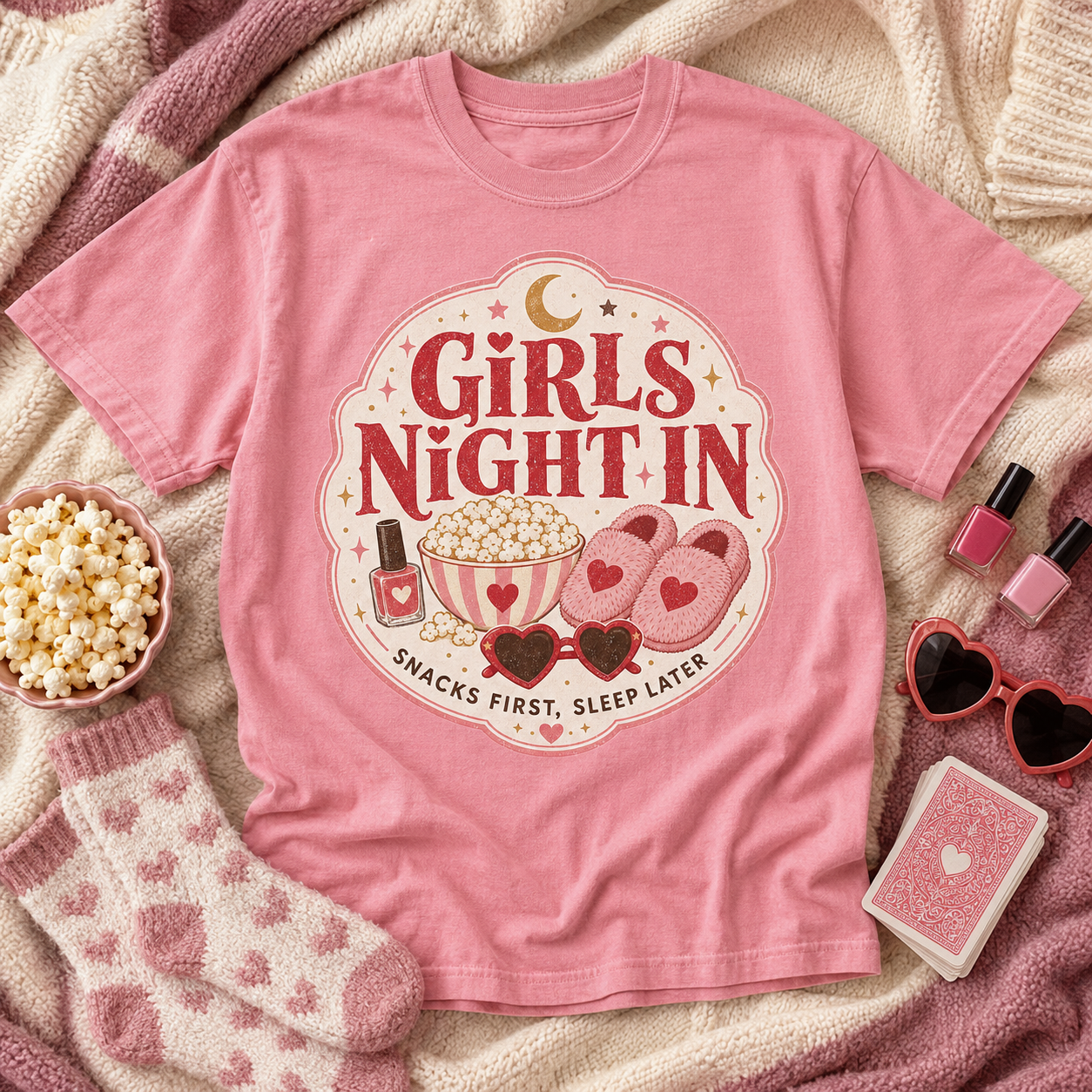 Girls Night In Graphic T-Shirt | Cozy Pajama Party Tee | Retro Sleepover Shirt | Cute Matching Girls' Night Outfit