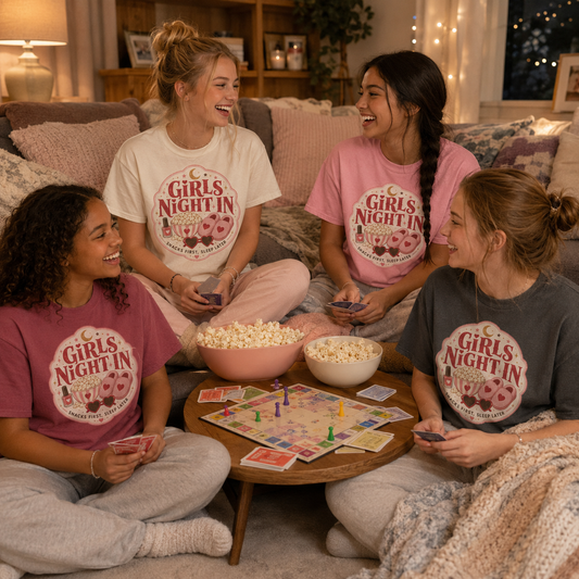 Girls Night In Graphic T-Shirt | Cozy Pajama Party Tee | Retro Sleepover Shirt | Cute Matching Girls' Night Outfit