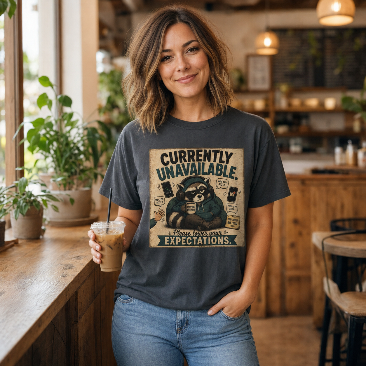 Currently Unavailable Raccoon Shirt Funny Coffee and Introvert Graphic Tee
