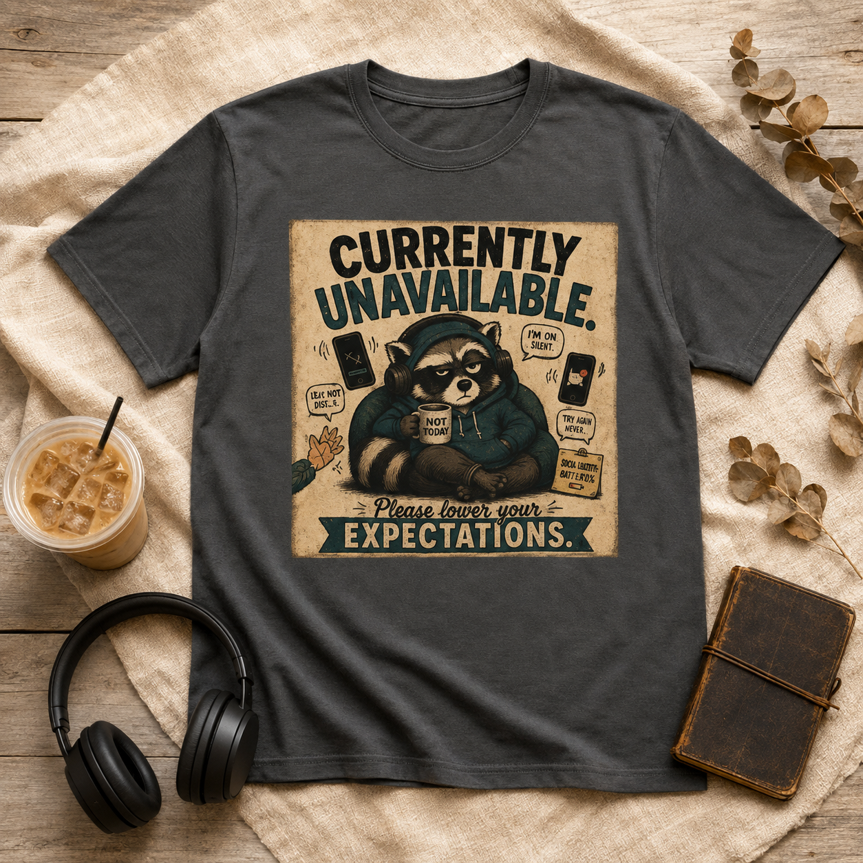 Currently Unavailable Raccoon Shirt Funny Coffee and Introvert Graphic Tee