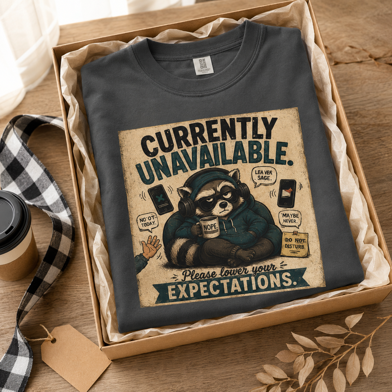 Currently Unavailable Raccoon Shirt Funny Coffee and Introvert Graphic Tee