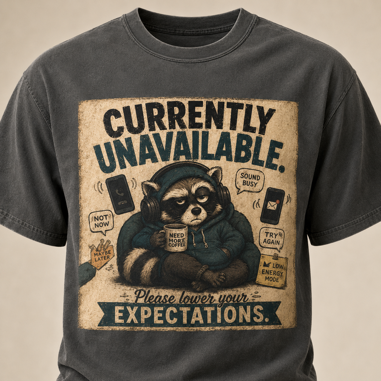 Currently Unavailable Raccoon Shirt Funny Coffee and Introvert Graphic Tee