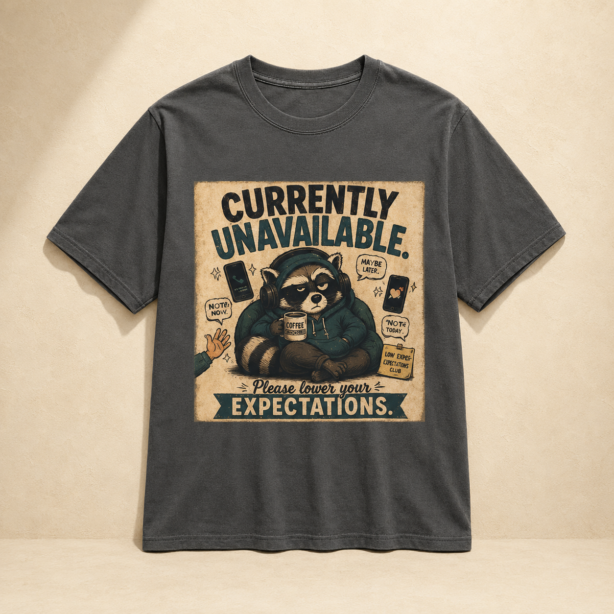 Currently Unavailable Raccoon Shirt Funny Coffee and Introvert Graphic Tee