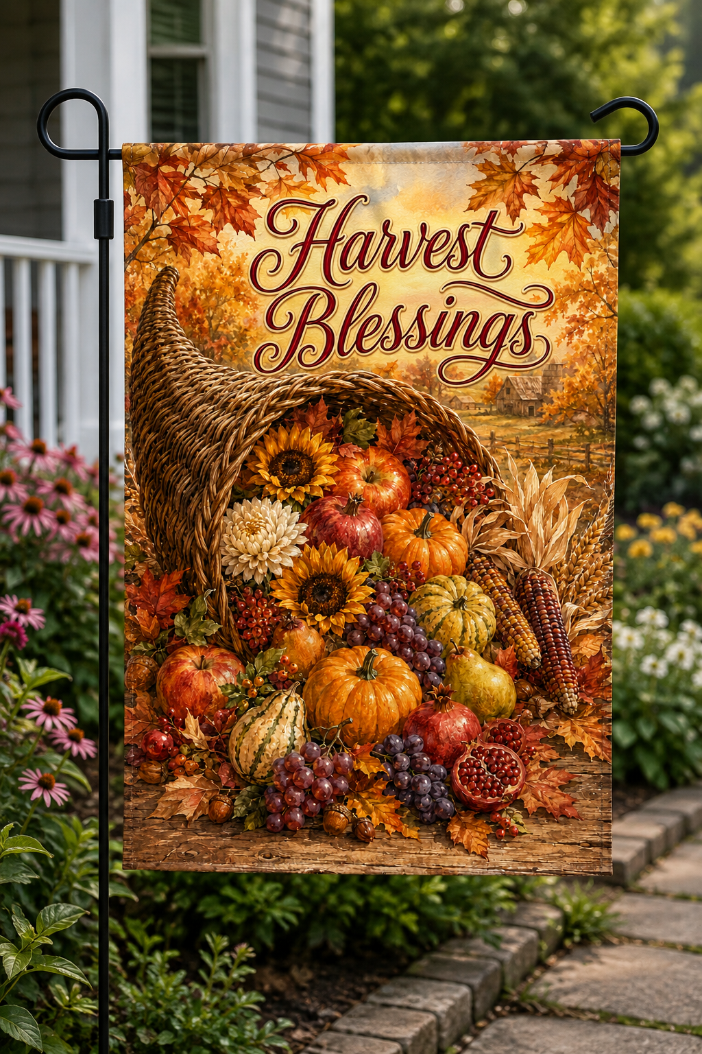 Harvest Blessings Garden Flag – Autumn Cornucopia Fall Yard Decor