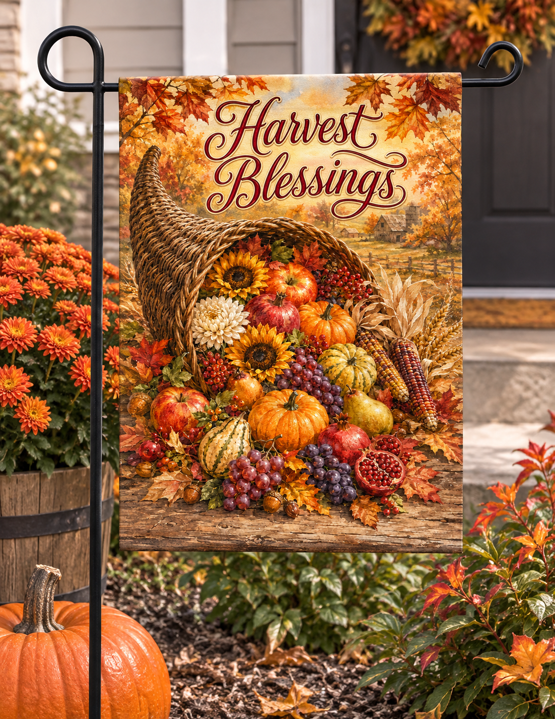 Harvest Blessings Garden Flag – Autumn Cornucopia Fall Yard Decor