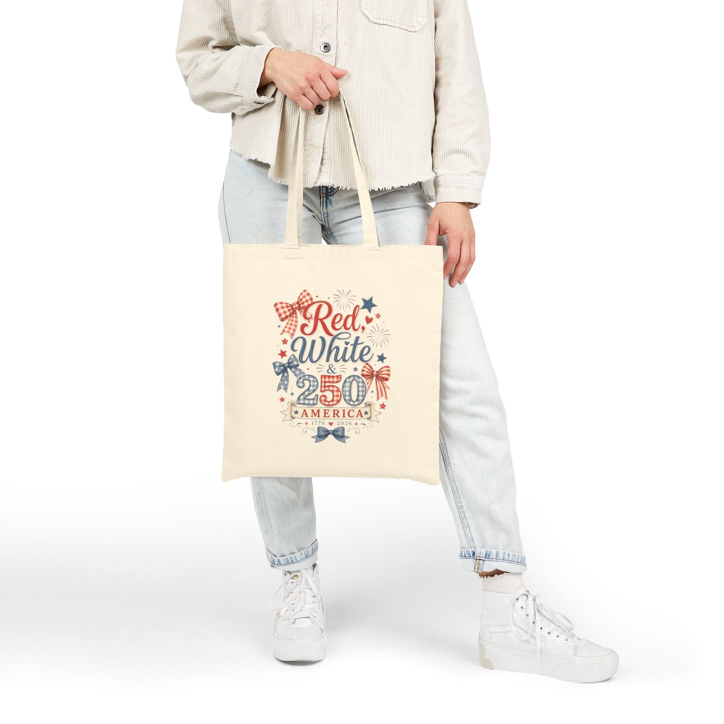 Patriotic 'Red White & 250' Canvas Tote Bag – 4th of July USA Market Tote
