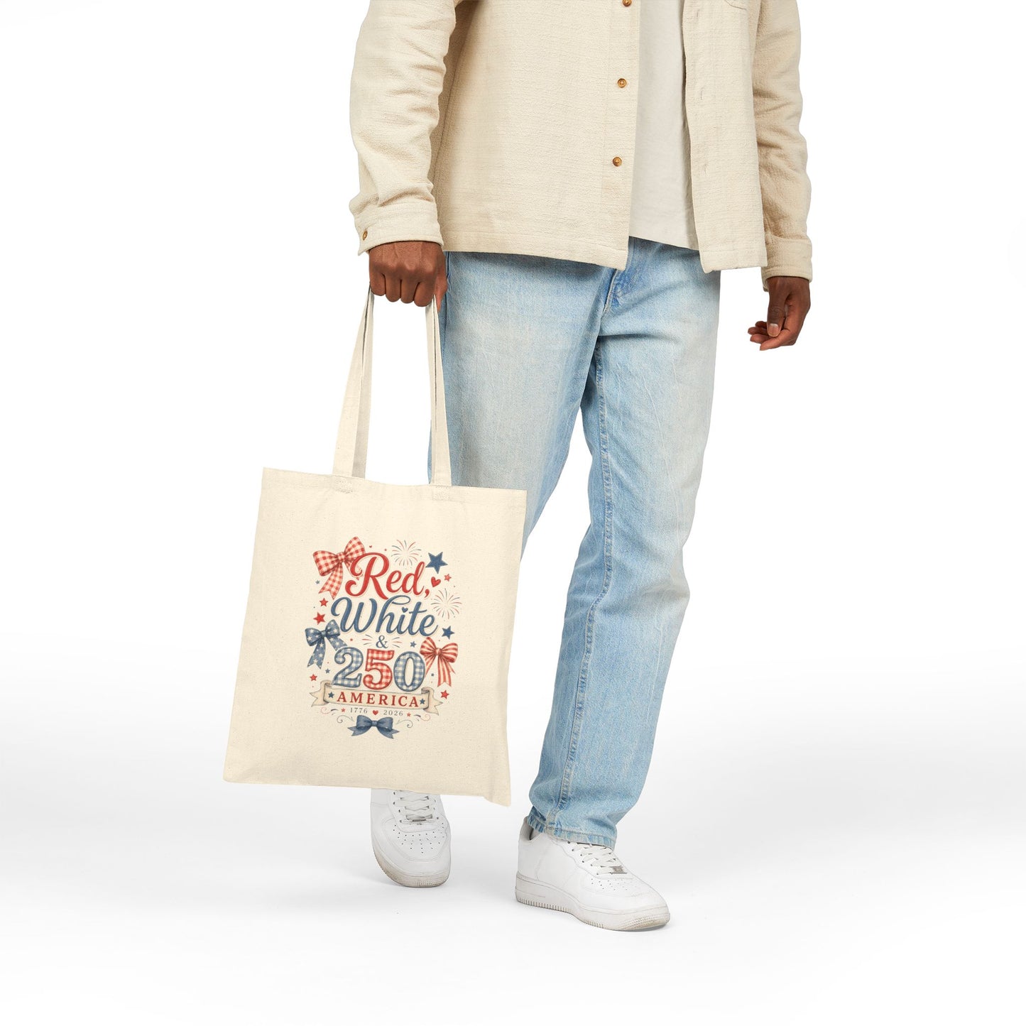 Patriotic 'Red White & 250' Canvas Tote Bag – 4th of July USA Market Tote