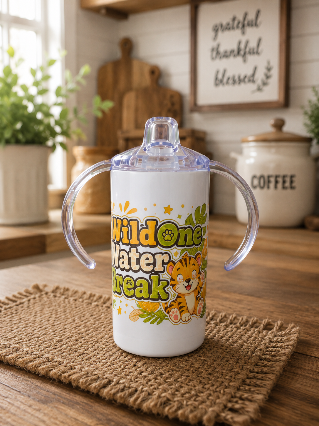 Wild One Water Break Kids Stainless Steel Tumbler with Handles | 12oz Toddler Cup | Spill-Resistant Sippy Cup | Tiger Kids Cup