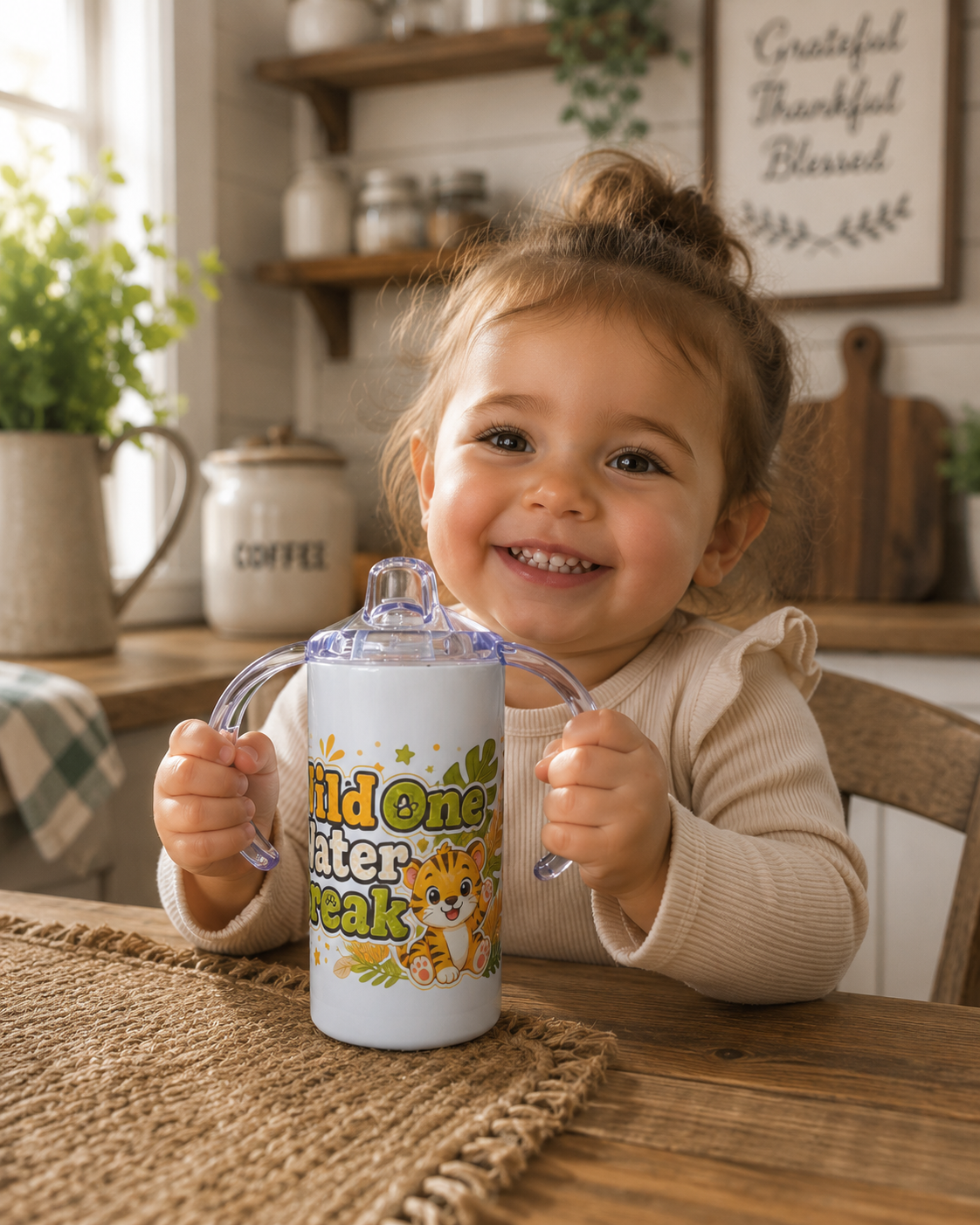 Wild One Water Break Kids Stainless Steel Tumbler with Handles | 12oz Toddler Cup | Spill-Resistant Sippy Cup | Tiger Kids Cup
