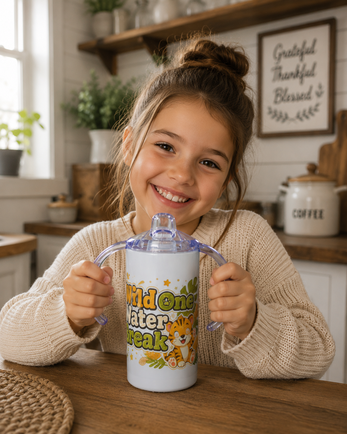 Wild One Water Break Kids Stainless Steel Tumbler with Handles | 12oz Toddler Cup | Spill-Resistant Sippy Cup | Tiger Kids Cup