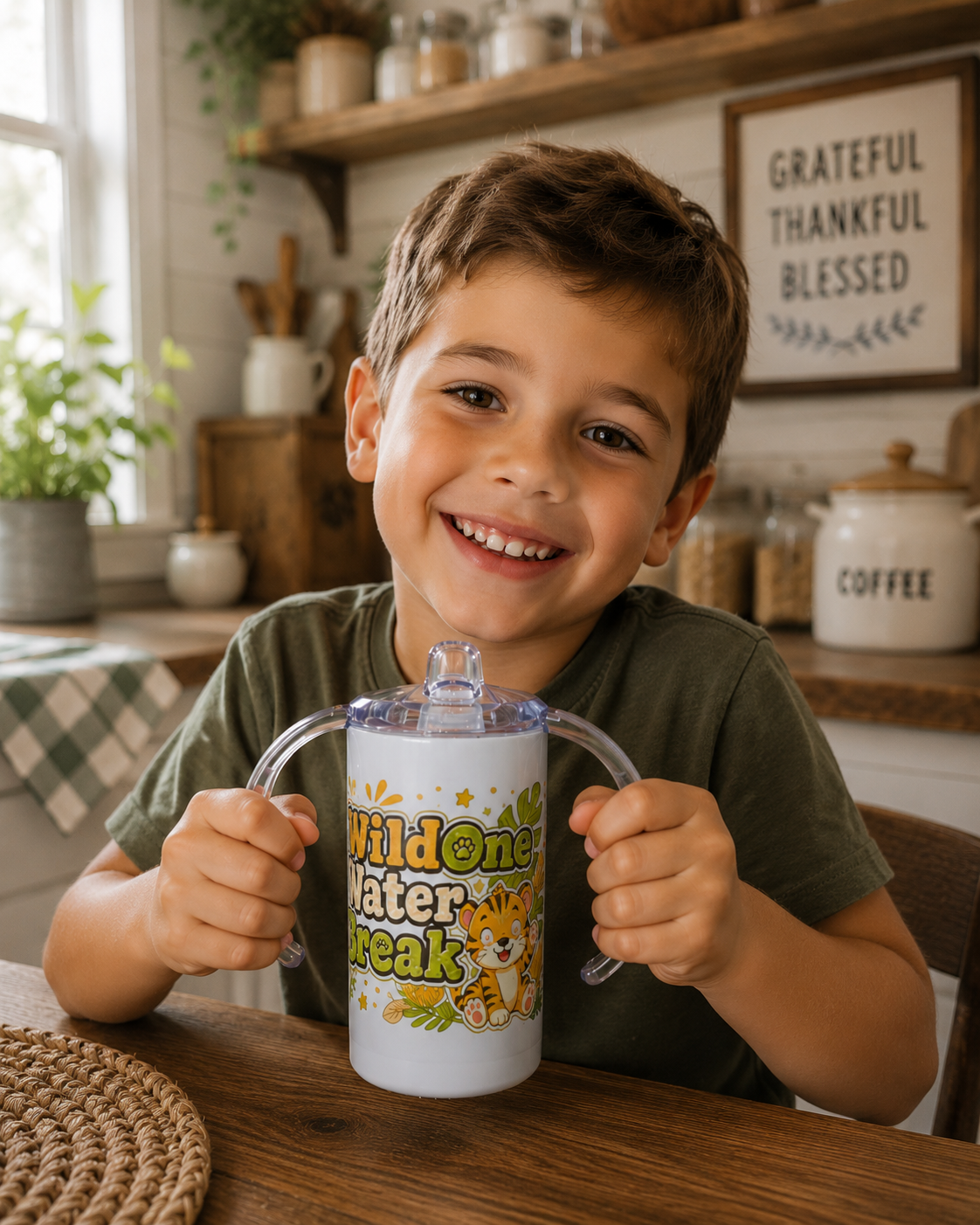 Wild One Water Break Kids Stainless Steel Tumbler with Handles | 12oz Toddler Cup | Spill-Resistant Sippy Cup | Tiger Kids Cup