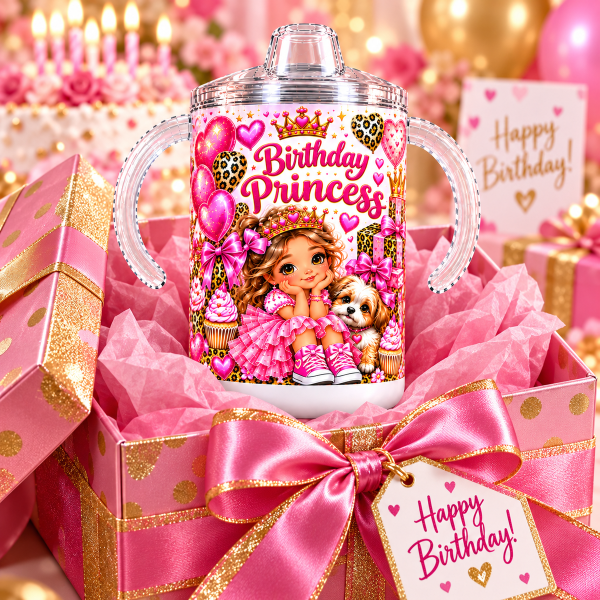 Birthday Princess sippy cup styled in a birthday gift box; gift packaging is photo styling and not included