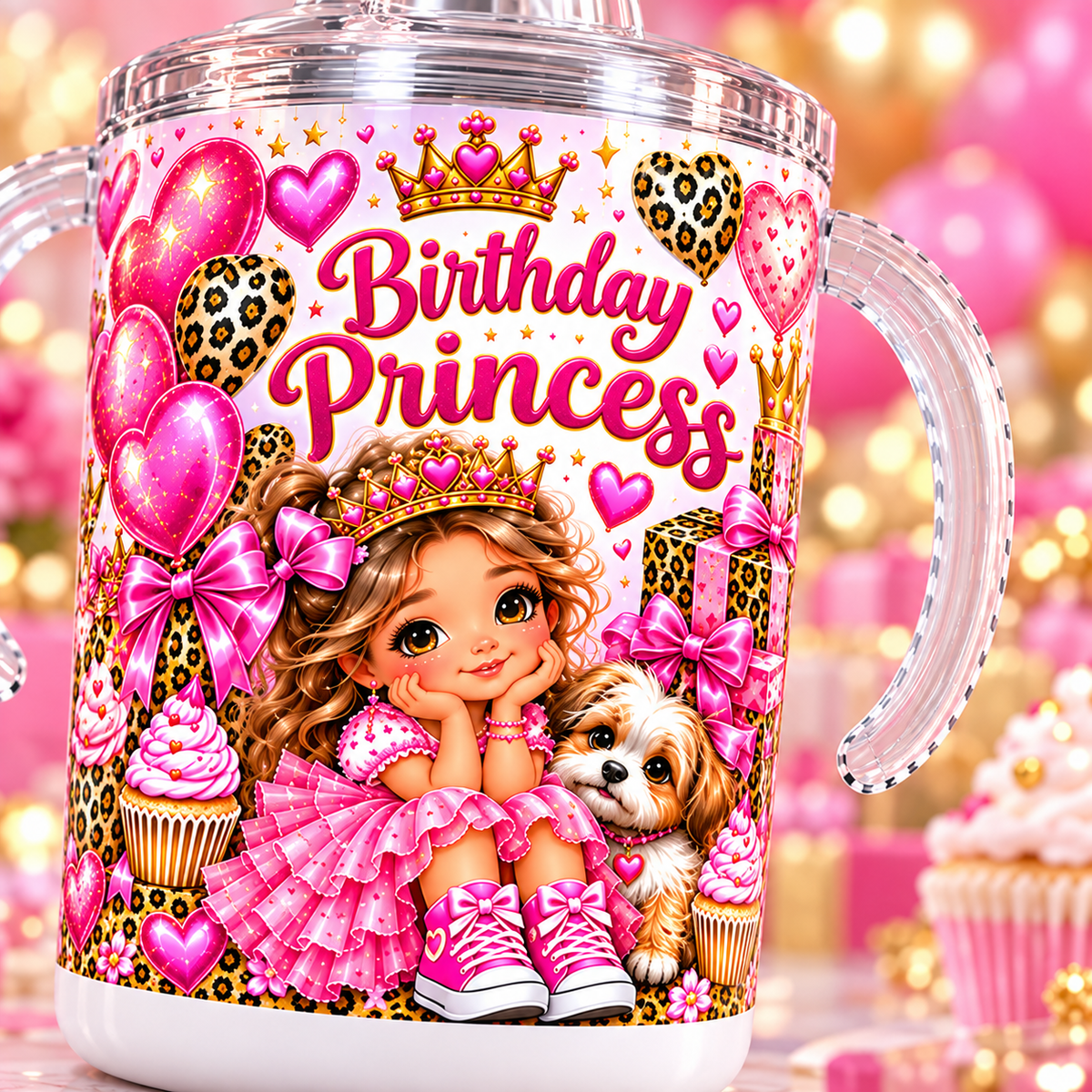 Close-up of Birthday Princess cup artwork showing princess, puppy, and pink birthday details