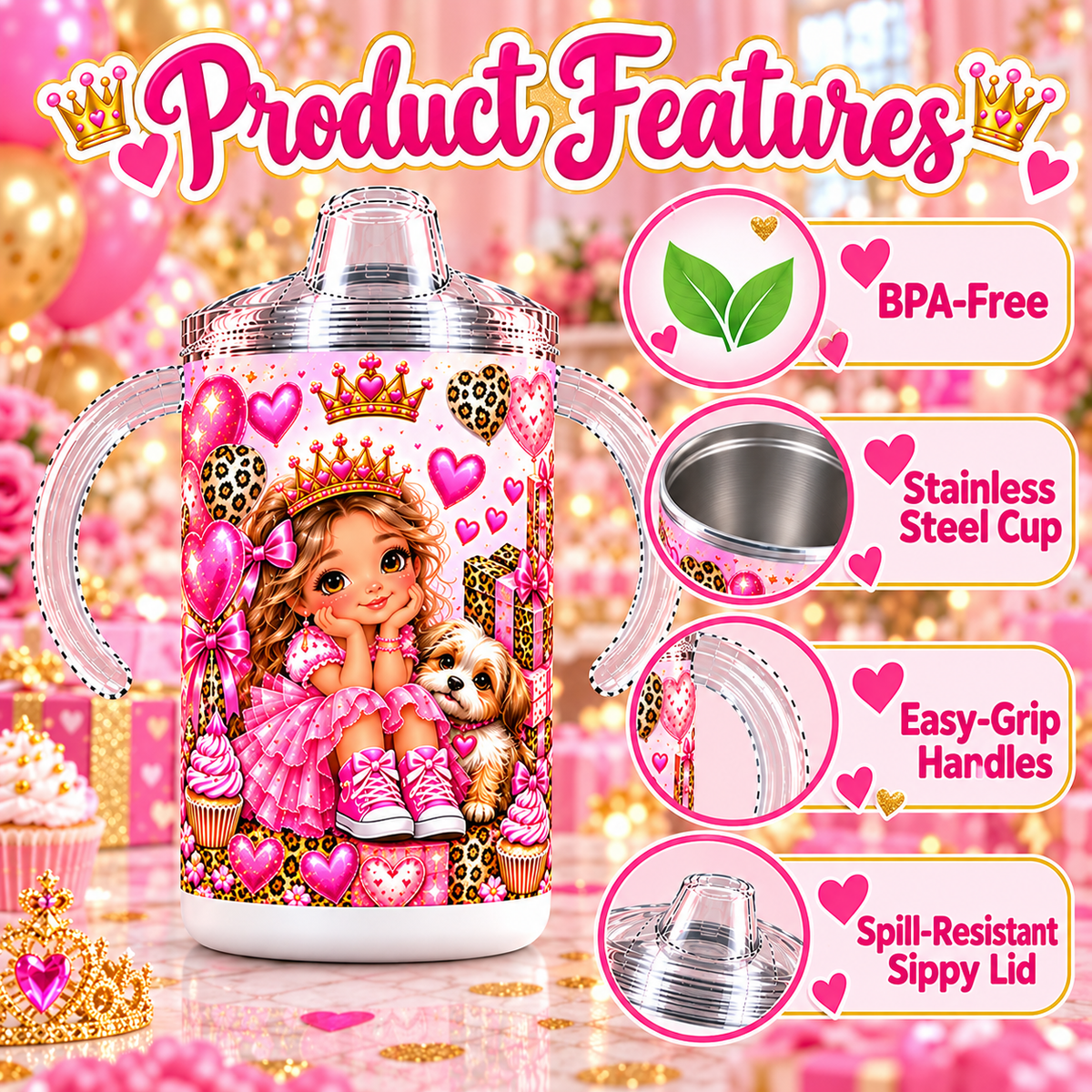 Birthday Princess sippy cup features including stainless steel body, BPA-free materials, handles, and spill-resistant lid