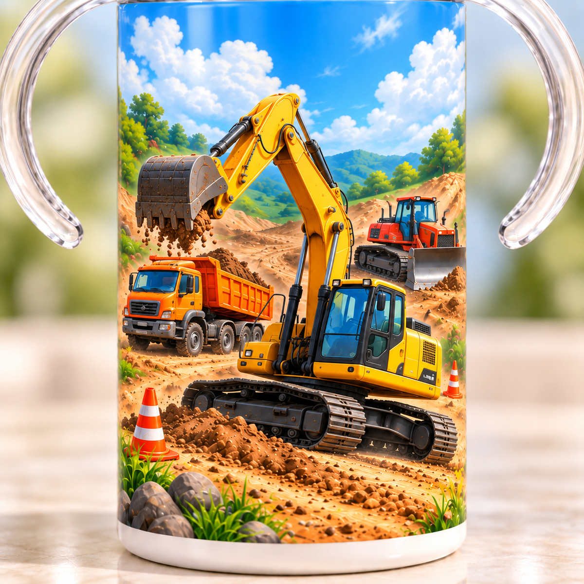 Close-up of the excavator, dump truck and bulldozer design printed on the sippy cup