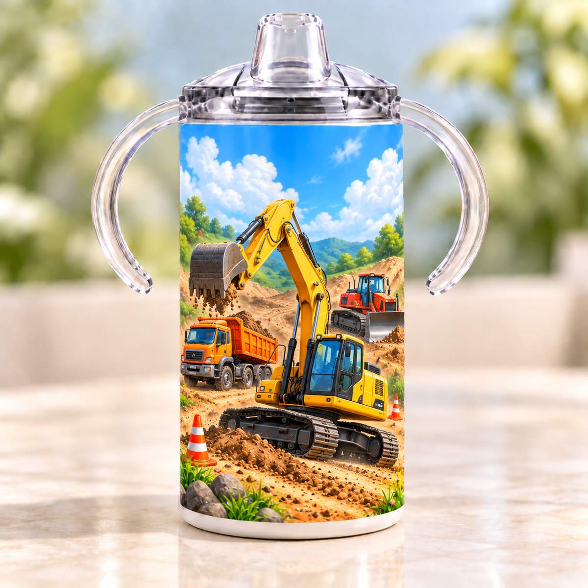 Construction Crew 12 oz sippy cup with clear handled lid, excavator, dump truck and bulldozer artwork