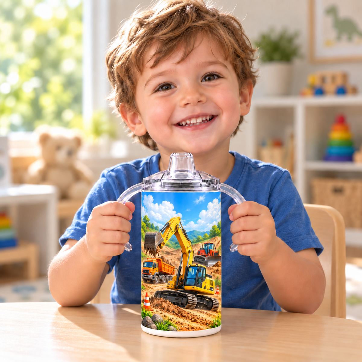 Little boy holding the Construction Crew sippy cup by its clear handles