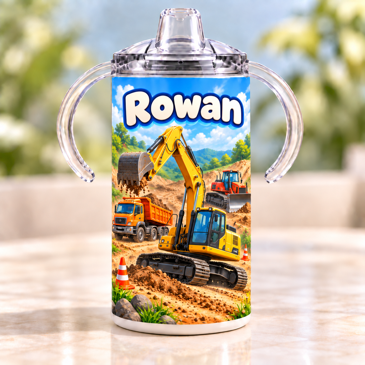 Personalized Construction Crew sippy cup example with the name Rowan