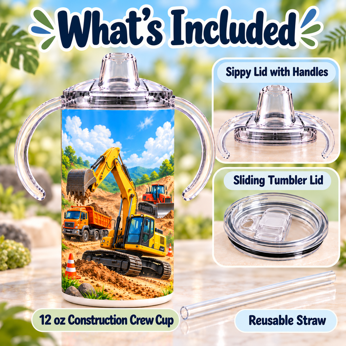 Construction Crew sippy cup with handled sippy lid, sliding tumbler lid and reusable straw