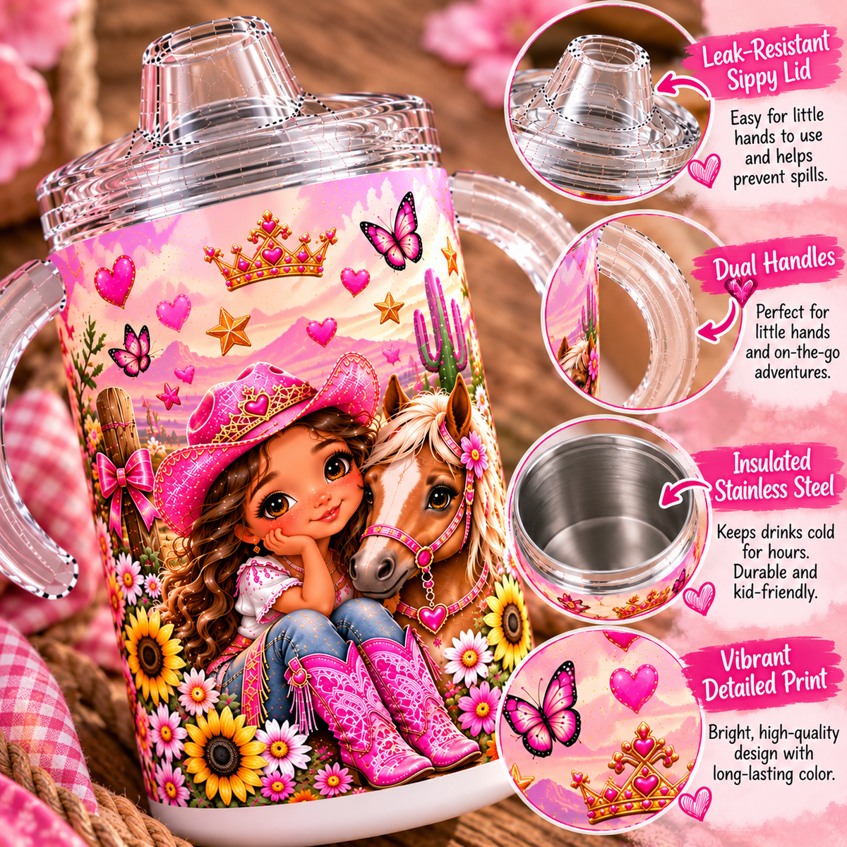 Cowgirl Princess sippy cup design close-up