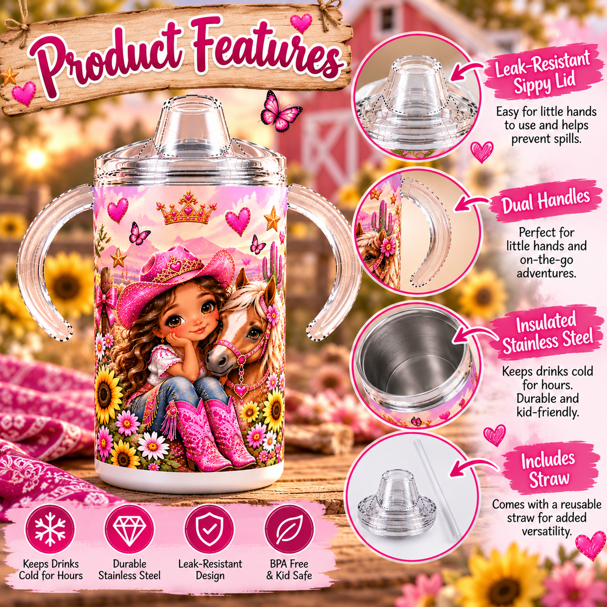 Cowgirl Princess sippy cup product features