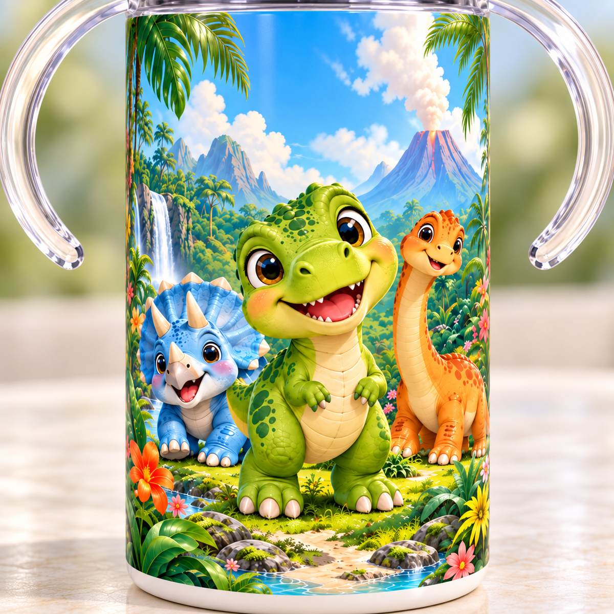 Close-up of the green, blue and orange dinosaurs printed on the sippy cup
