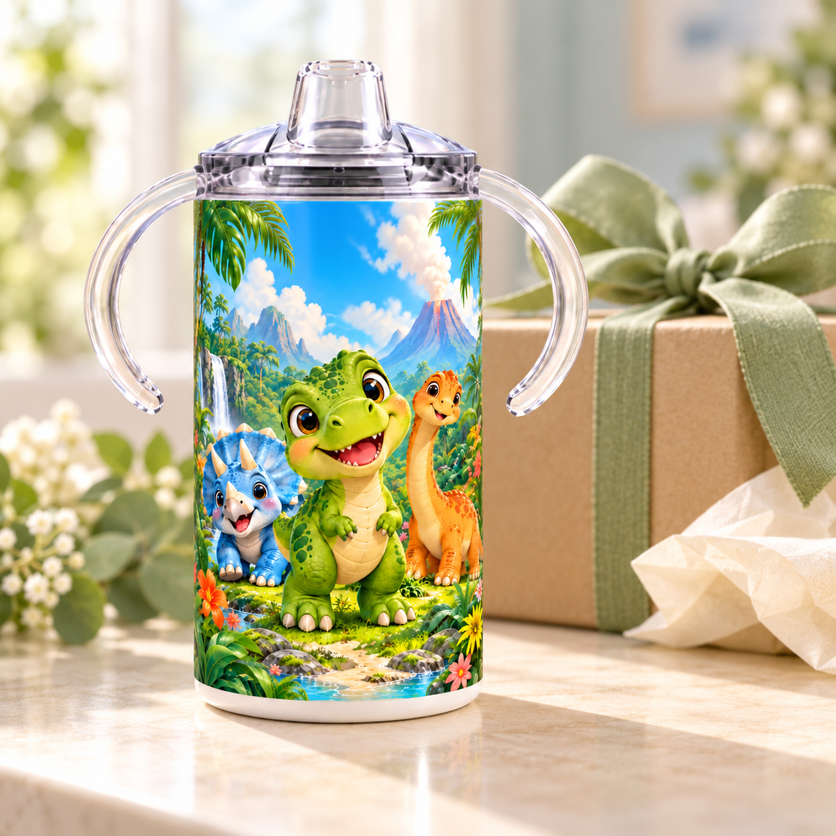 Dinosaur sippy cup styled beside a kraft gift box with a sage ribbon