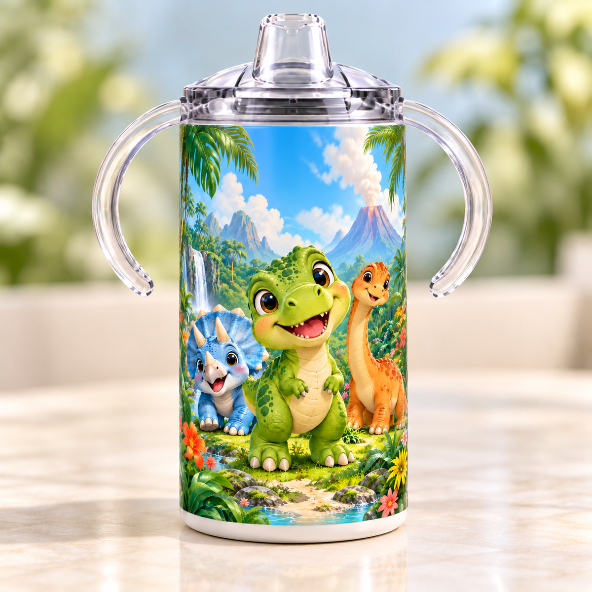 Dinosaur 12 oz sippy cup with clear handled lid and colorful jungle artwork
