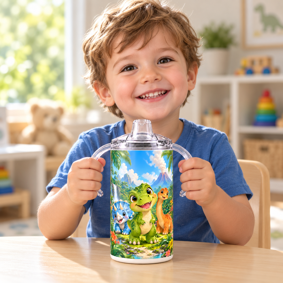 Little boy holding the dinosaur sippy cup by its clear handles