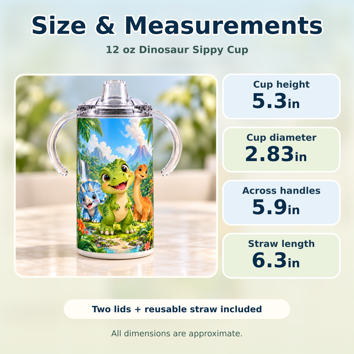 Approximate measurements of the dinosaur 12 oz sippy cup