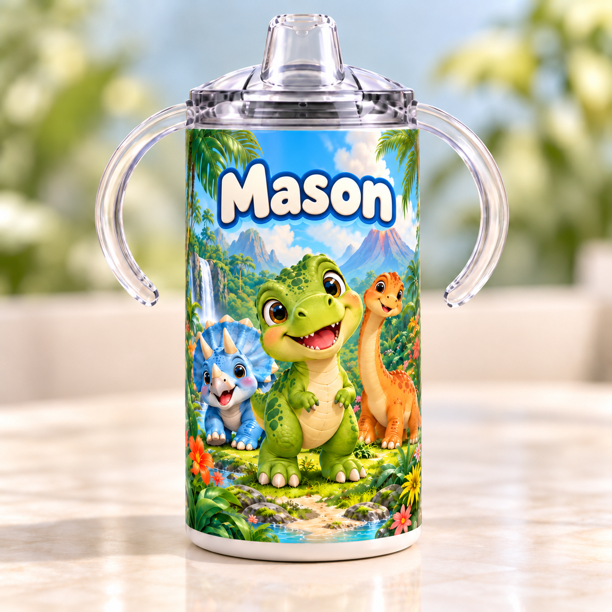 Personalized dinosaur sippy cup example with the name Mason