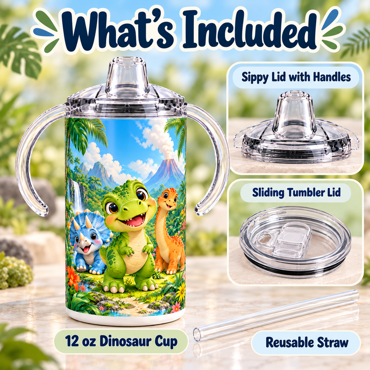 Dinosaur sippy cup with handled sippy lid, sliding tumbler lid and reusable straw