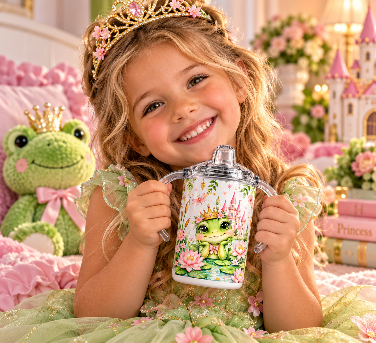 Child holding Frog Princess 12 oz sippy cup