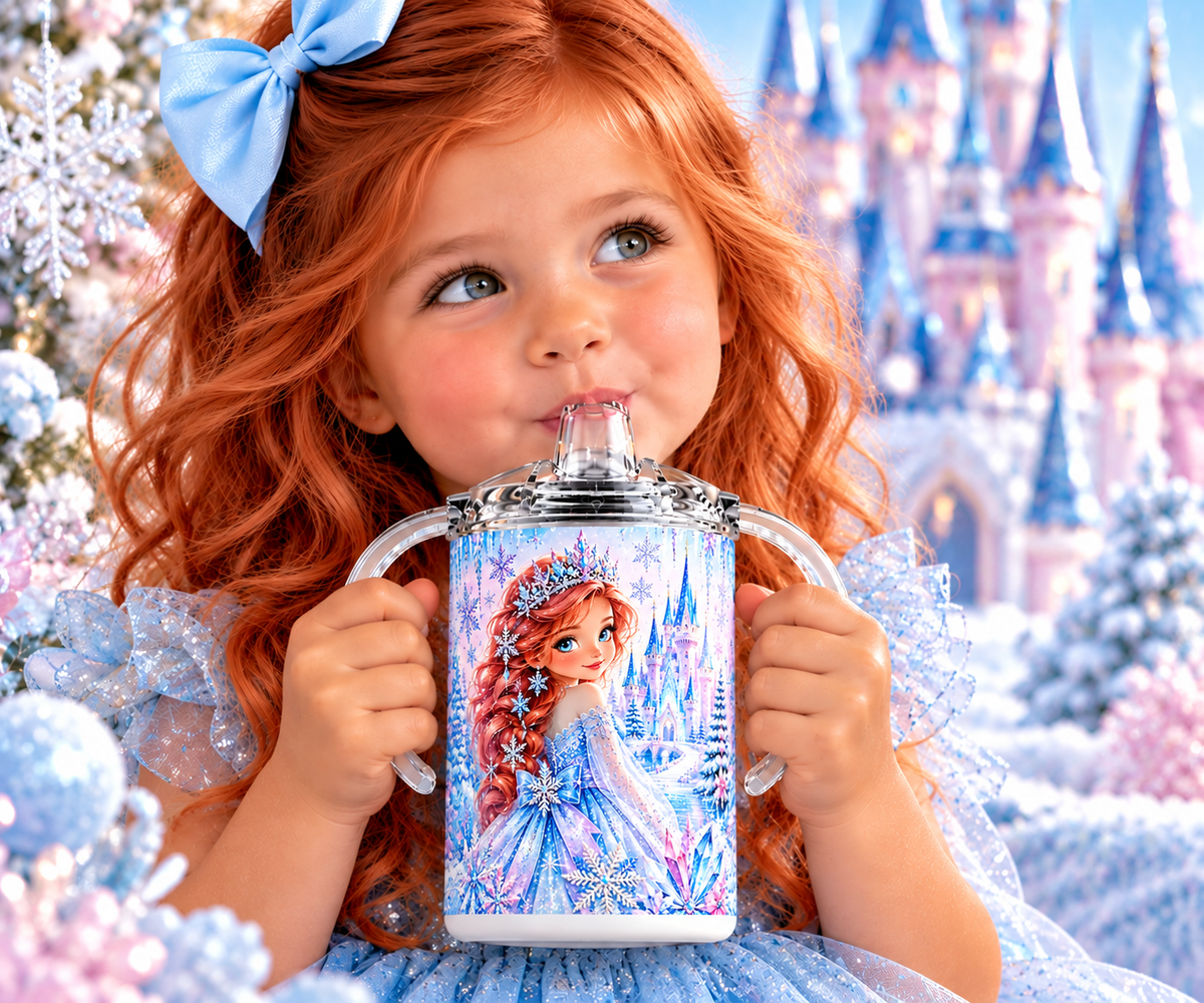 Red-haired child with Ice Princess 12 oz sippy cup