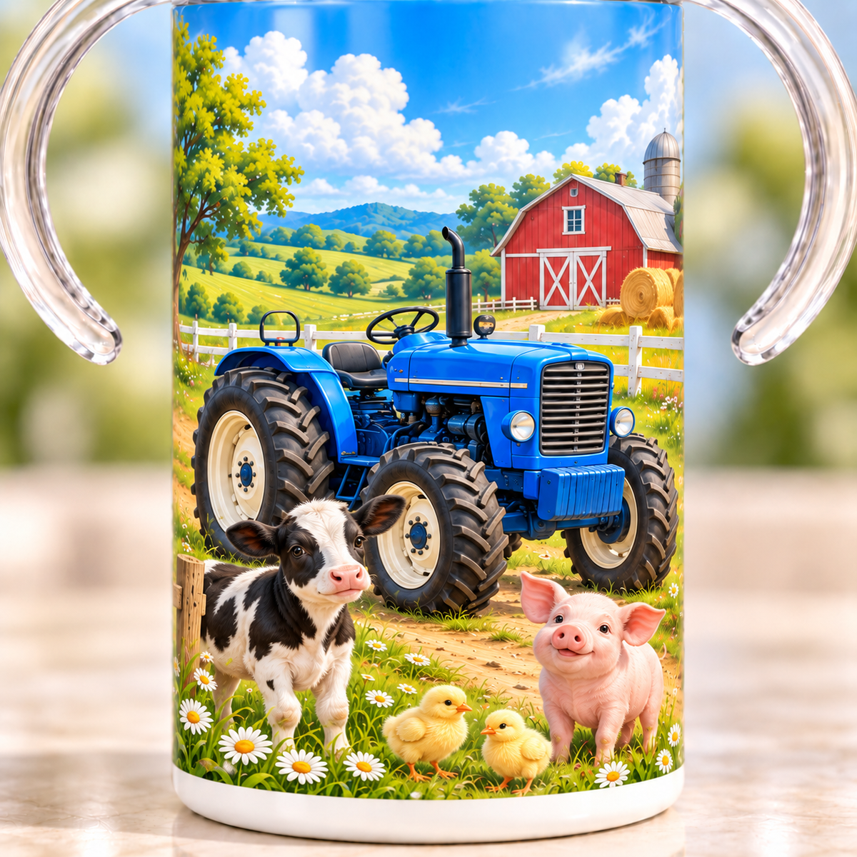Close-up of the blue tractor, calf, piglet and chicks printed on the sippy cup