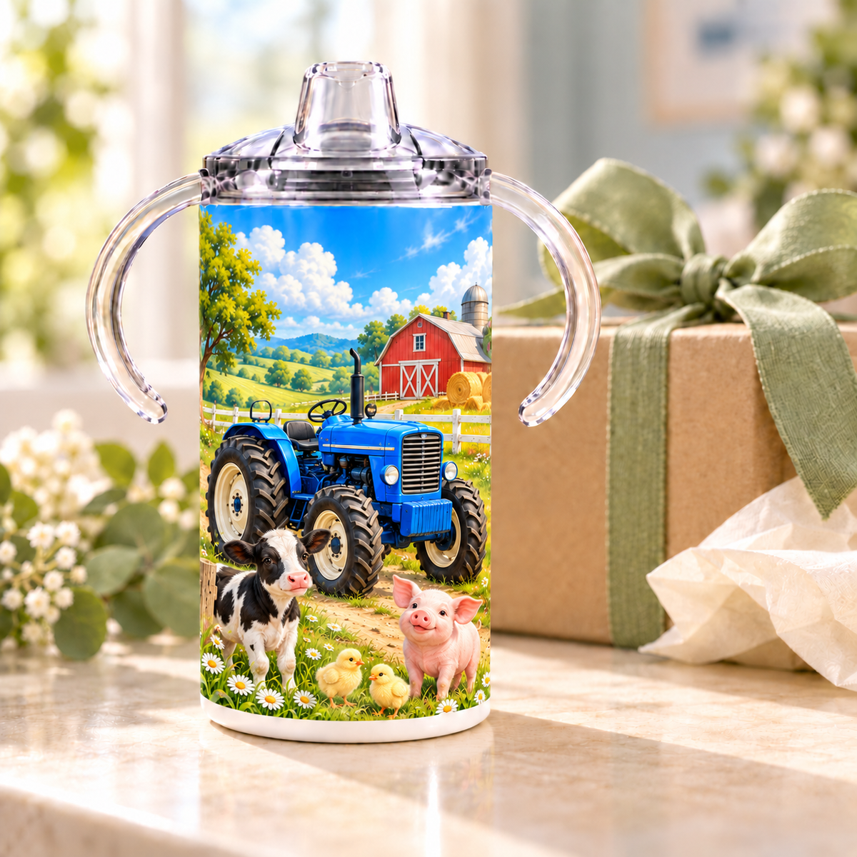 Little Farmer sippy cup styled beside a kraft gift box with a sage ribbon
