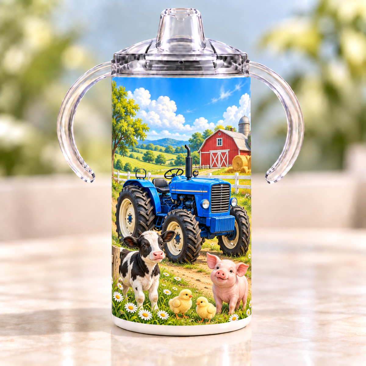 Little Farmer 12 oz sippy cup with clear handled lid, blue tractor and farm animal artwork