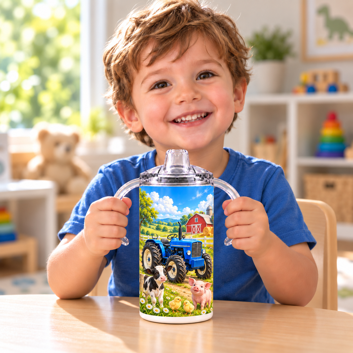 Little boy holding the Little Farmer sippy cup by its clear handles